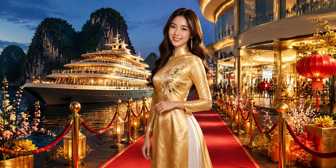 Cảnh vịnh Hạ Long với trang phục áo dài và trải nghiệm cá cược trực tuyến